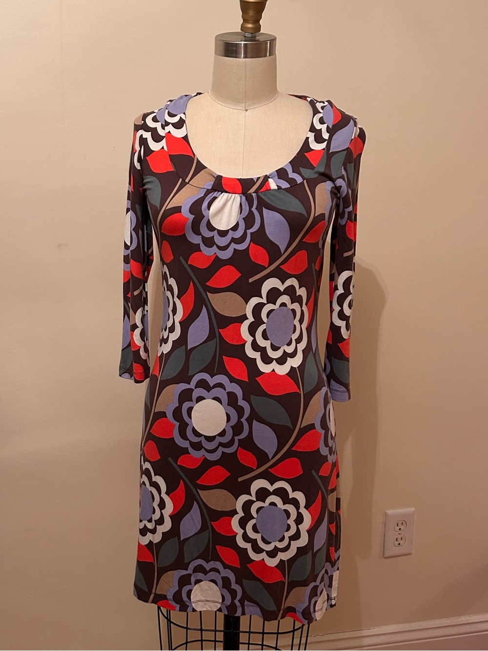 Boden Floral Shift Dress in Red, Lavender & Brown